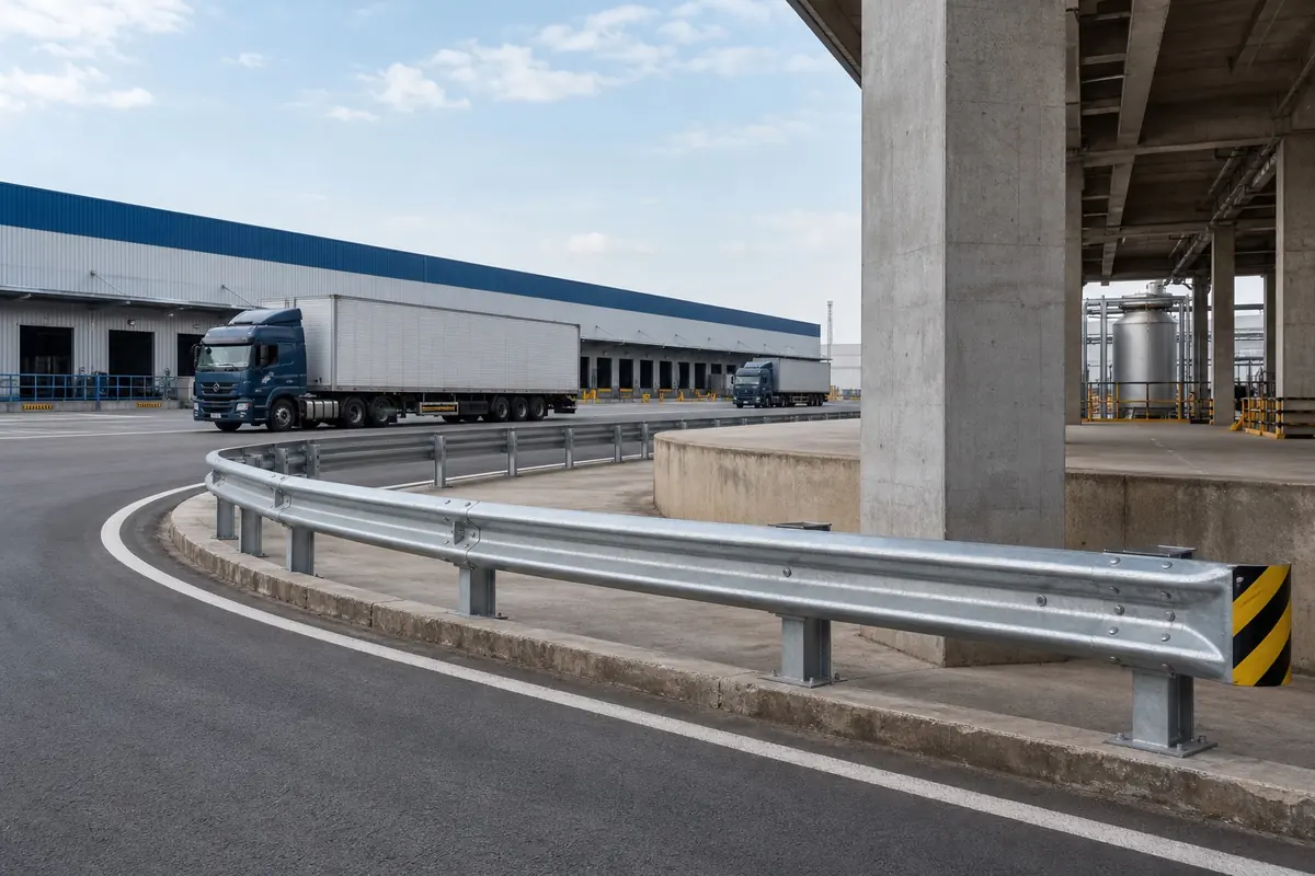 Defensa metálica protegendo a circulação interna de um complexo industrial e logístico